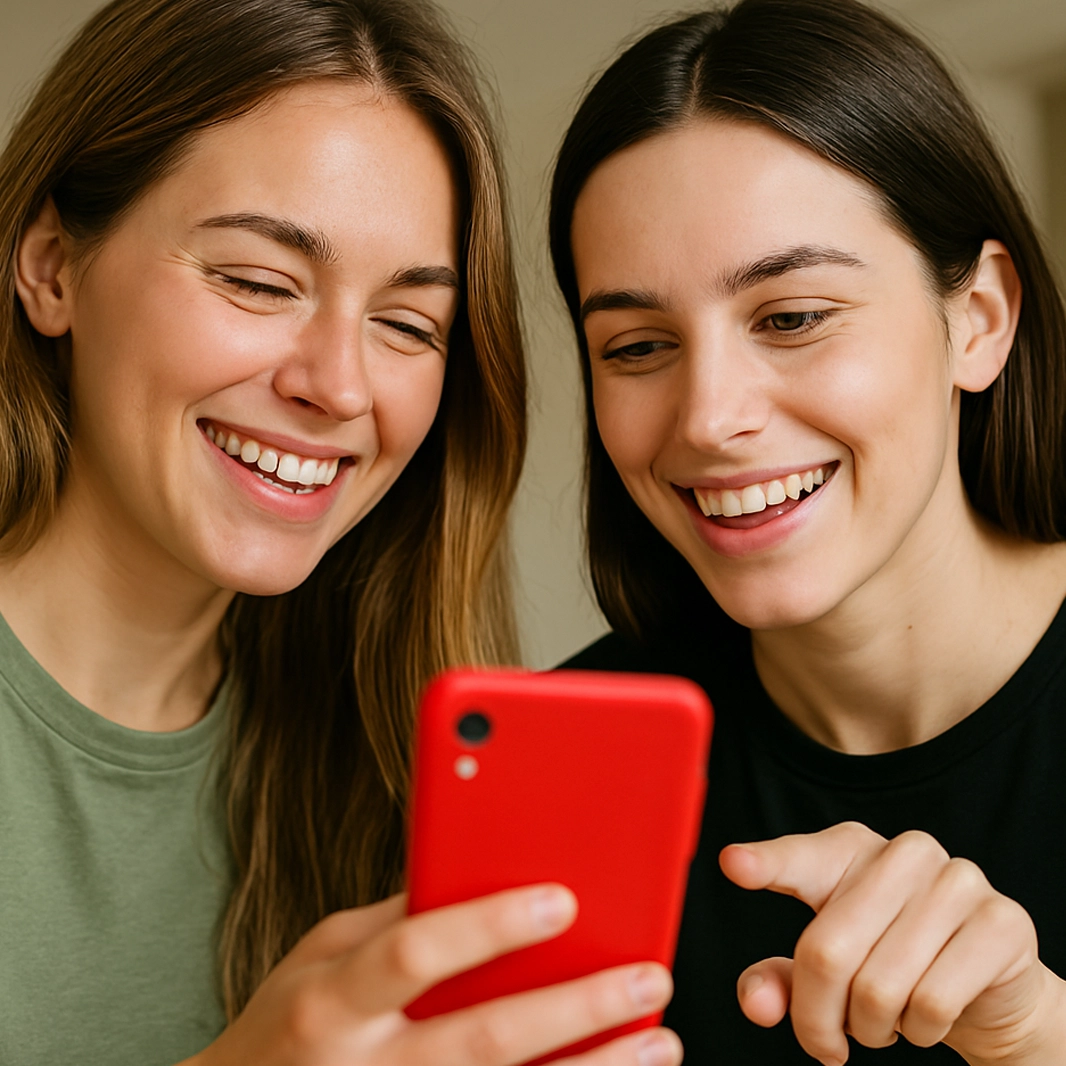 Dues noies mirant un video en un smartphone